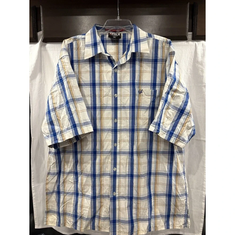 South Pole Men's XL Blue Tan Plaid Button Up Shirt Short Sleeve 100% Cotton Y2K